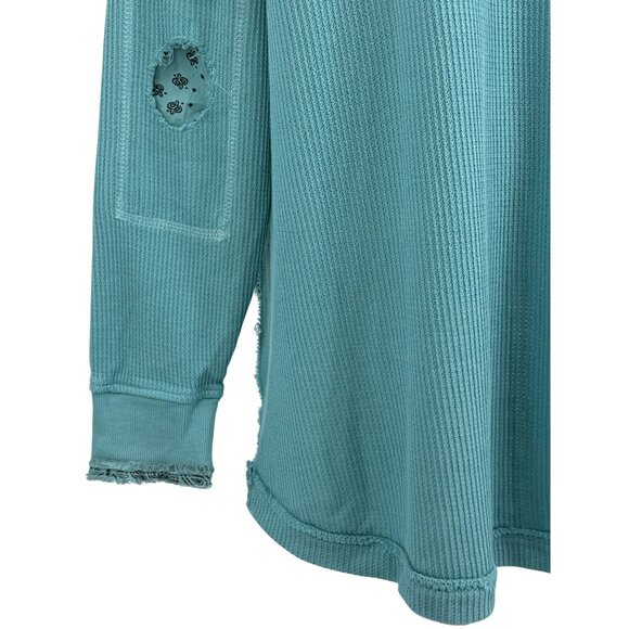 NWT Free People Aqua Henley Distressed Relaxed Thermal |  Coastal Boho Grunge M - Picture 13 of 16